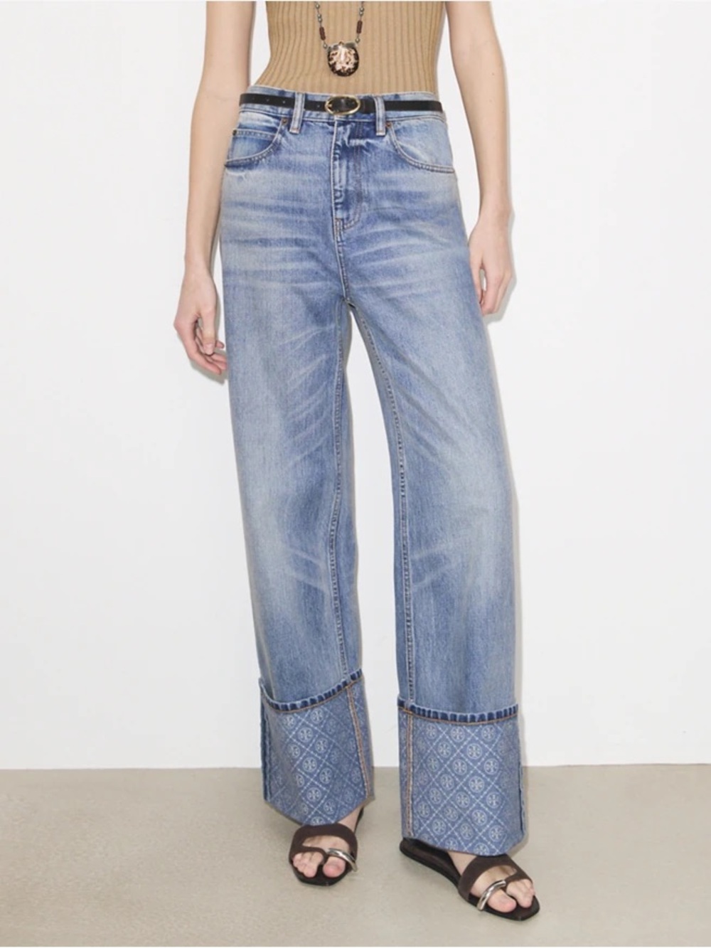 Tory Burch Contrast Cuff Straight Leg Jean - Light Vintage Wash